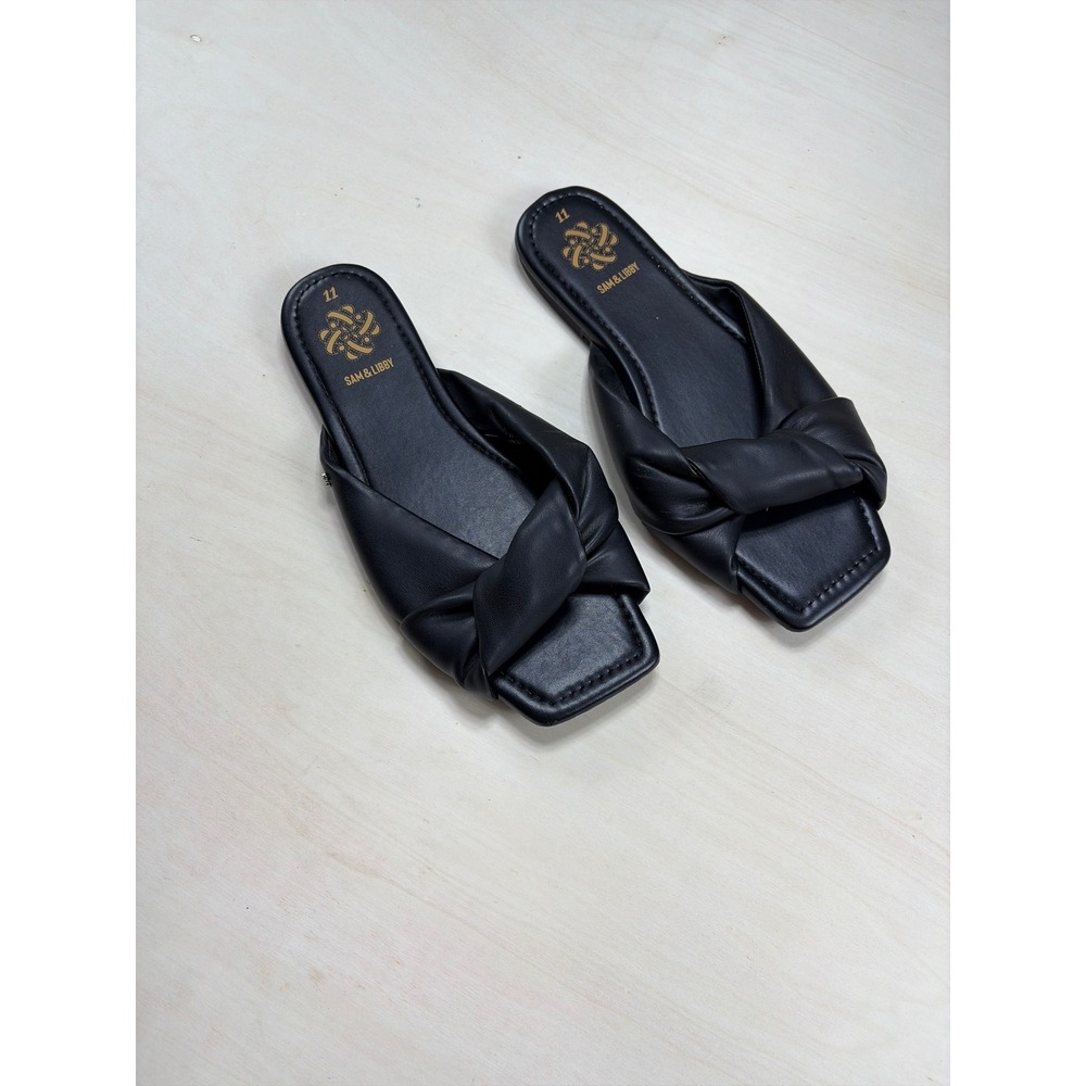Sam & Libby Black Knotted Twist Square Toe Slide Sandals Flat Mules Womens 11